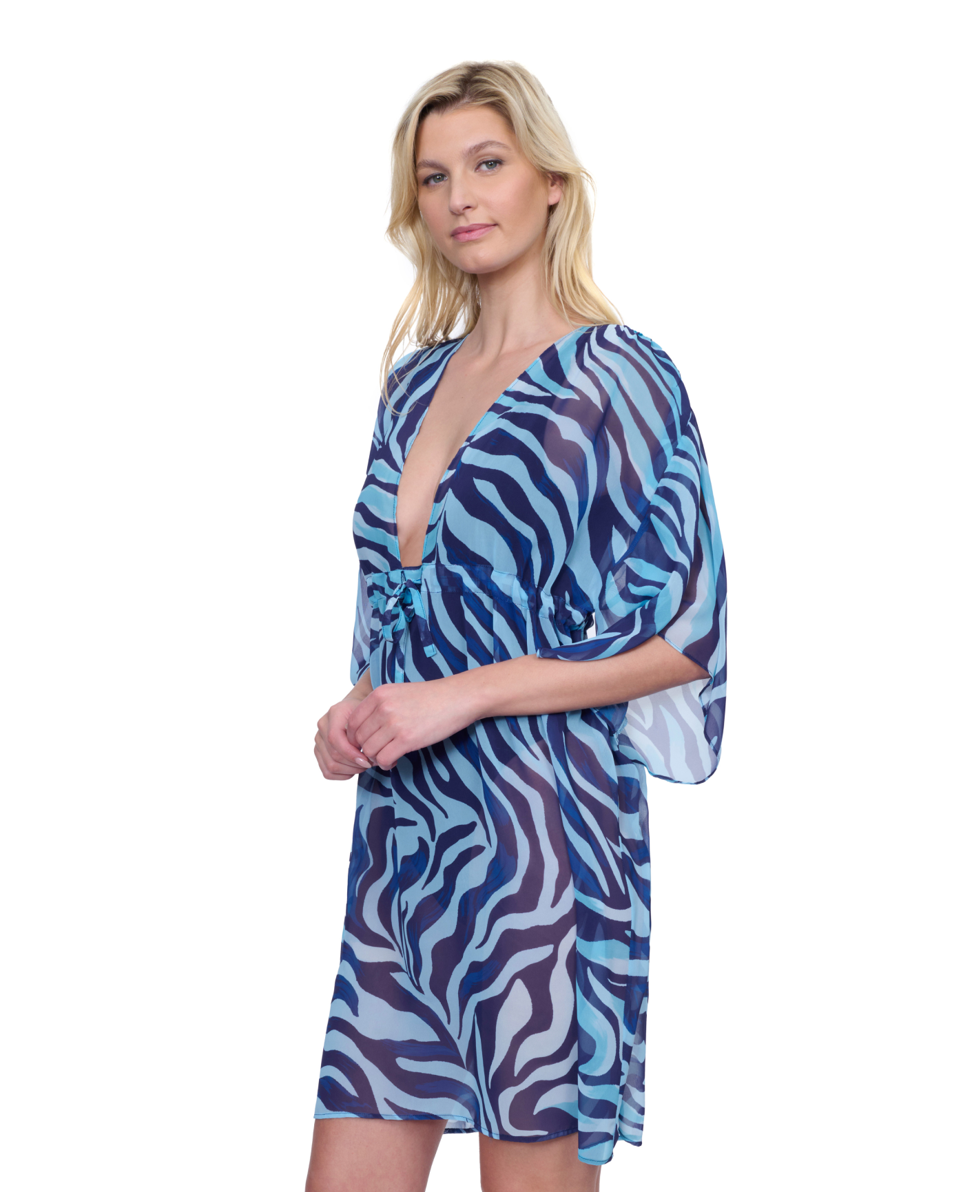 Side View Of Gottex Wildest Dream V Neck Beach Dress Adjustable Straps Swim Cover up | Gottex Wildest Dream Blue Multi