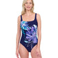Front View Of Gottex Water Lily Full Coverage Square Neck One Piece Swimsuit | GOTTEX WATER LILY BLUE