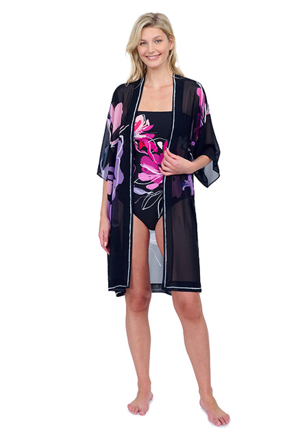 Gottex Water Lily Belted Kimono Flutter Sleeve with Tie Swim Cover up