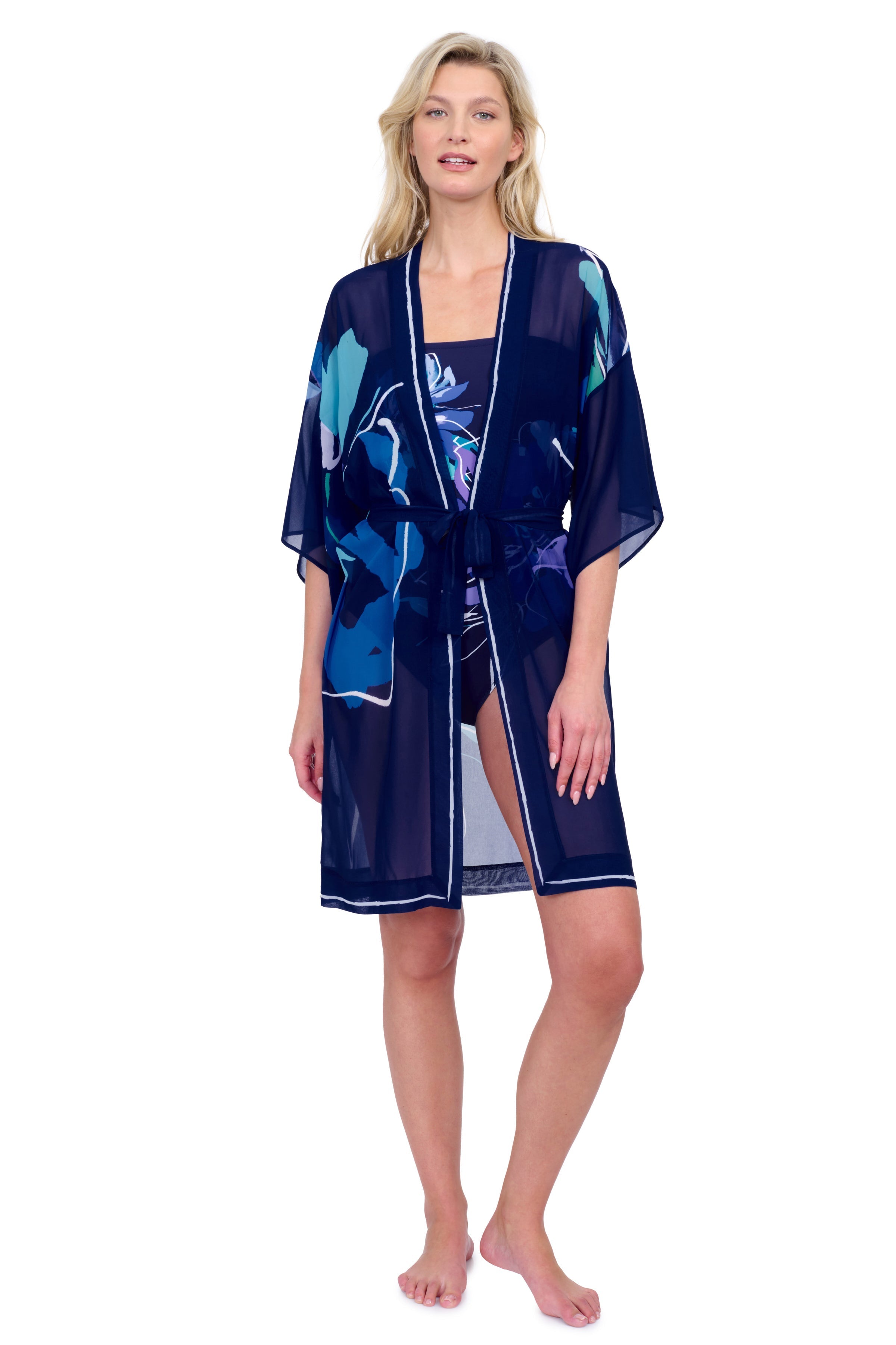Gottex Water Lily Belted Kimono Flutter Sleeve with Tie Swim Cover up | Gottex Water Lily Blue