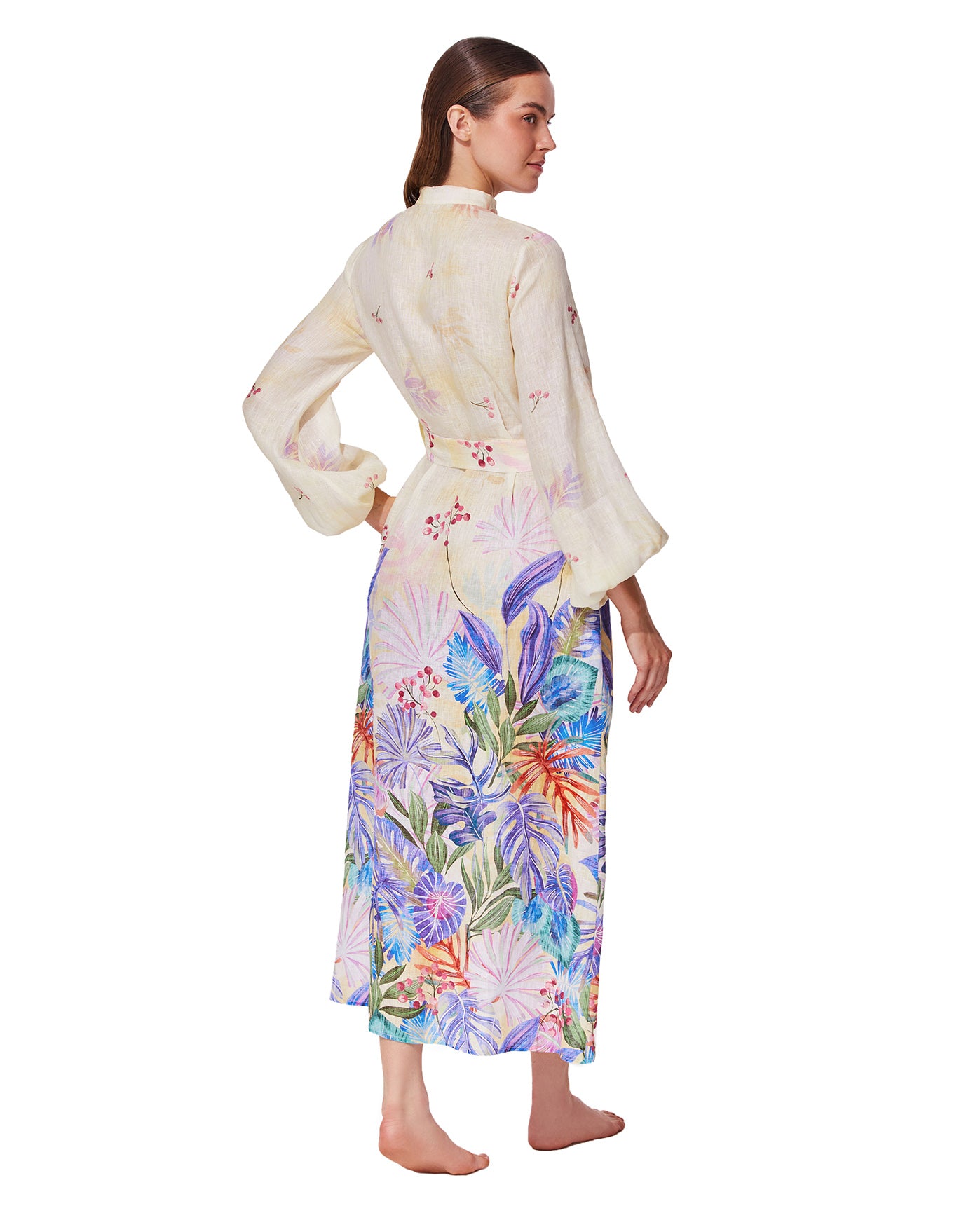 Cherry Blossom Belted Button Up Linen Dress Cover-Up-Multi