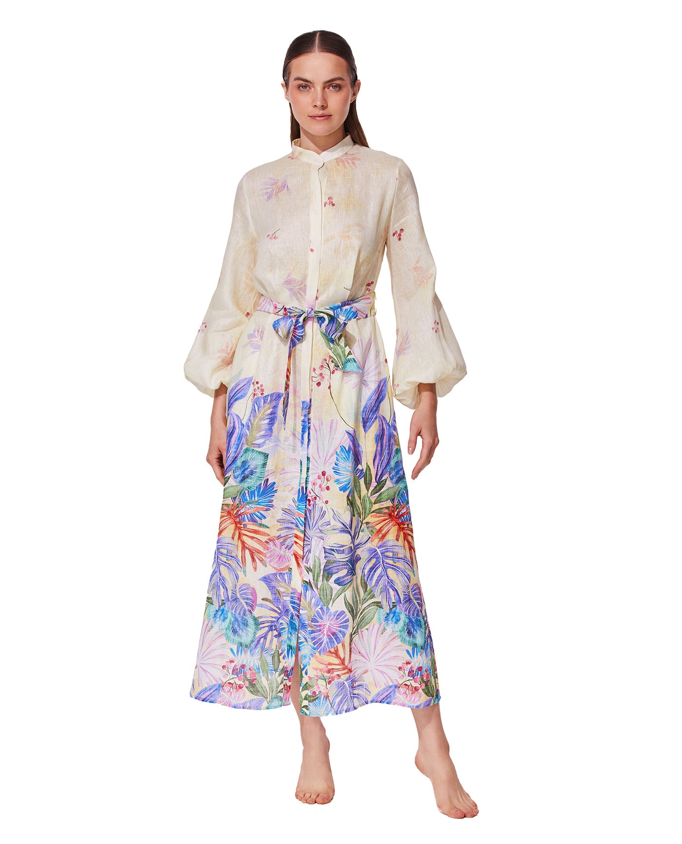 Cherry Blossom Belted Button Up Linen Dress Cover-Up-Multi