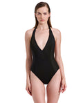 Emanuelle Textured Deep Plunge Halter One Piece-Black