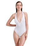 Emanuelle Textured Deep Plunge Halter One Piece-White