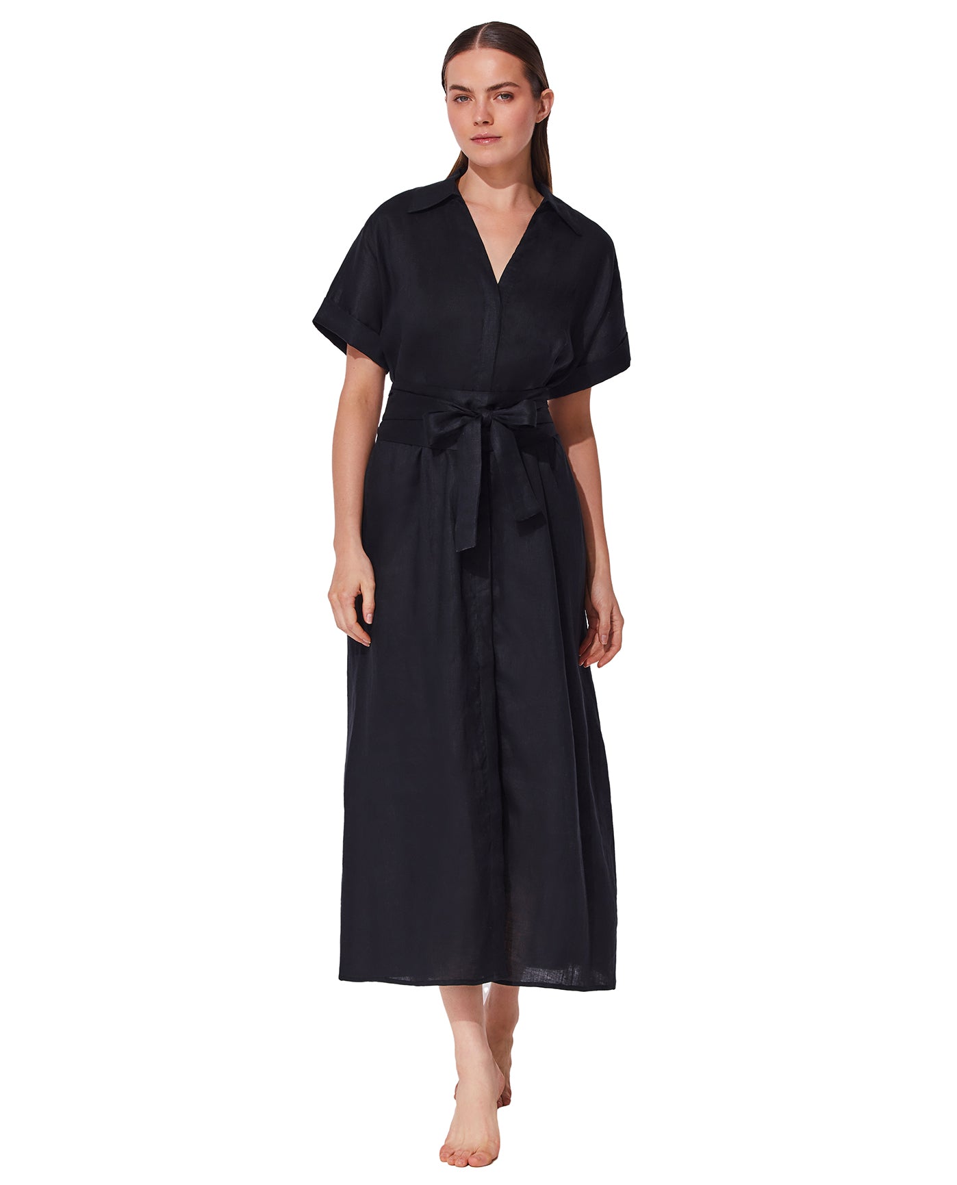 Hokkaido Linen Shirt Dress Cover-Up -Black