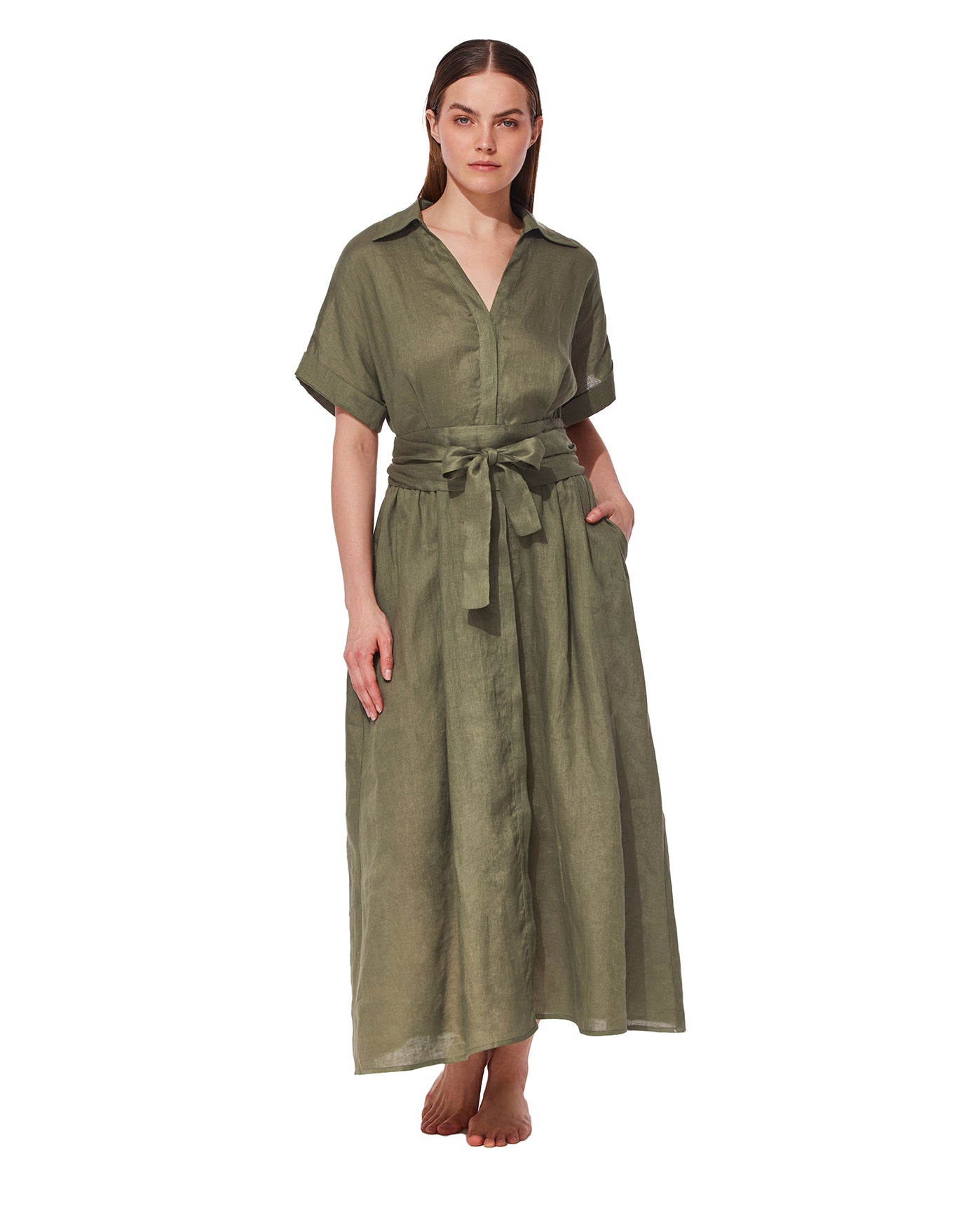 Hokkaido Linen Shirt Dress Cover-Up -Lig' olive