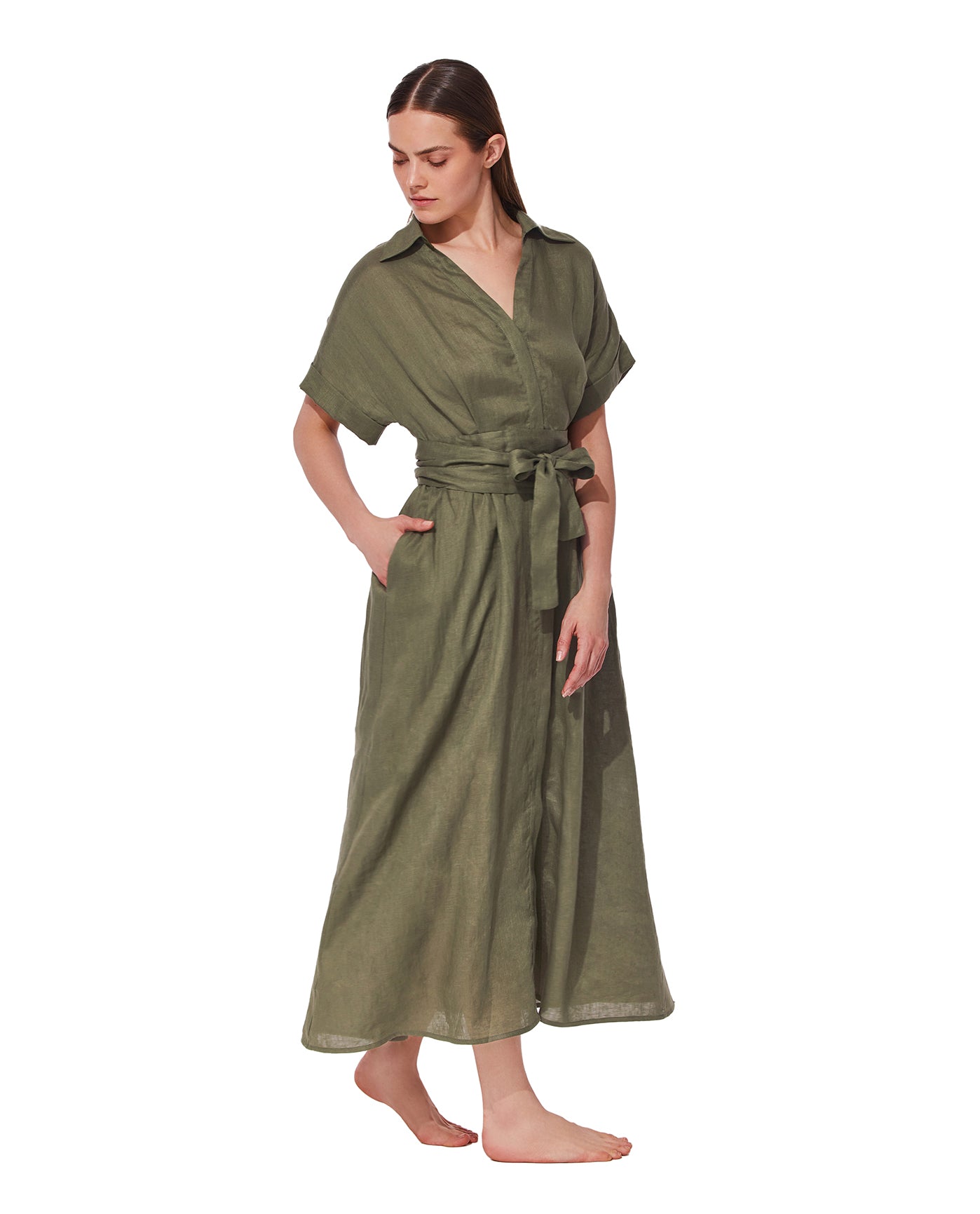 Hokkaido Linen Shirt Dress Cover-Up -Lig' olive