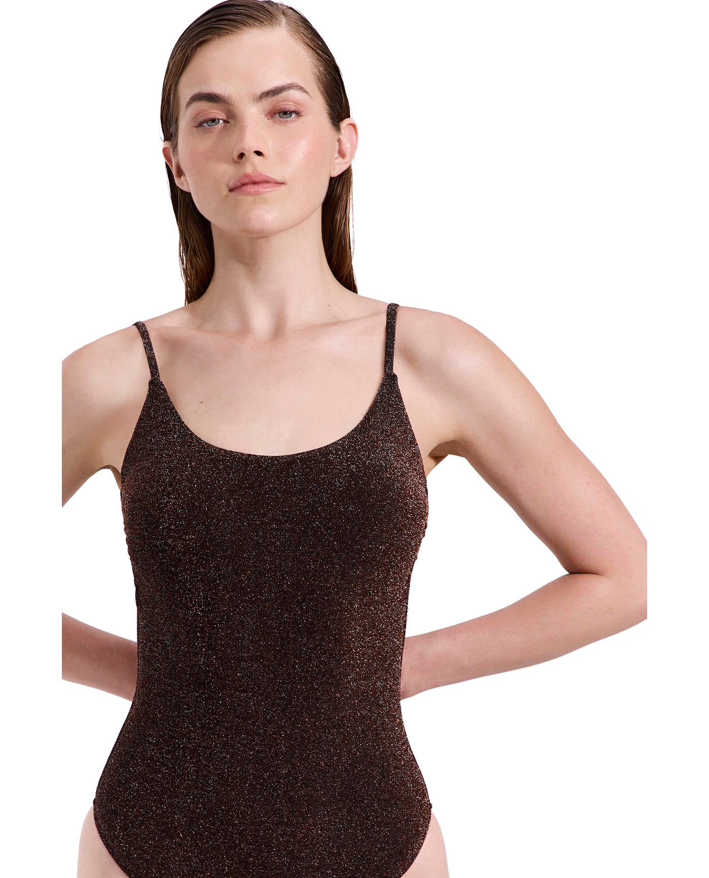 Luna Shimmer  Scoop Neck One Piece-Brown