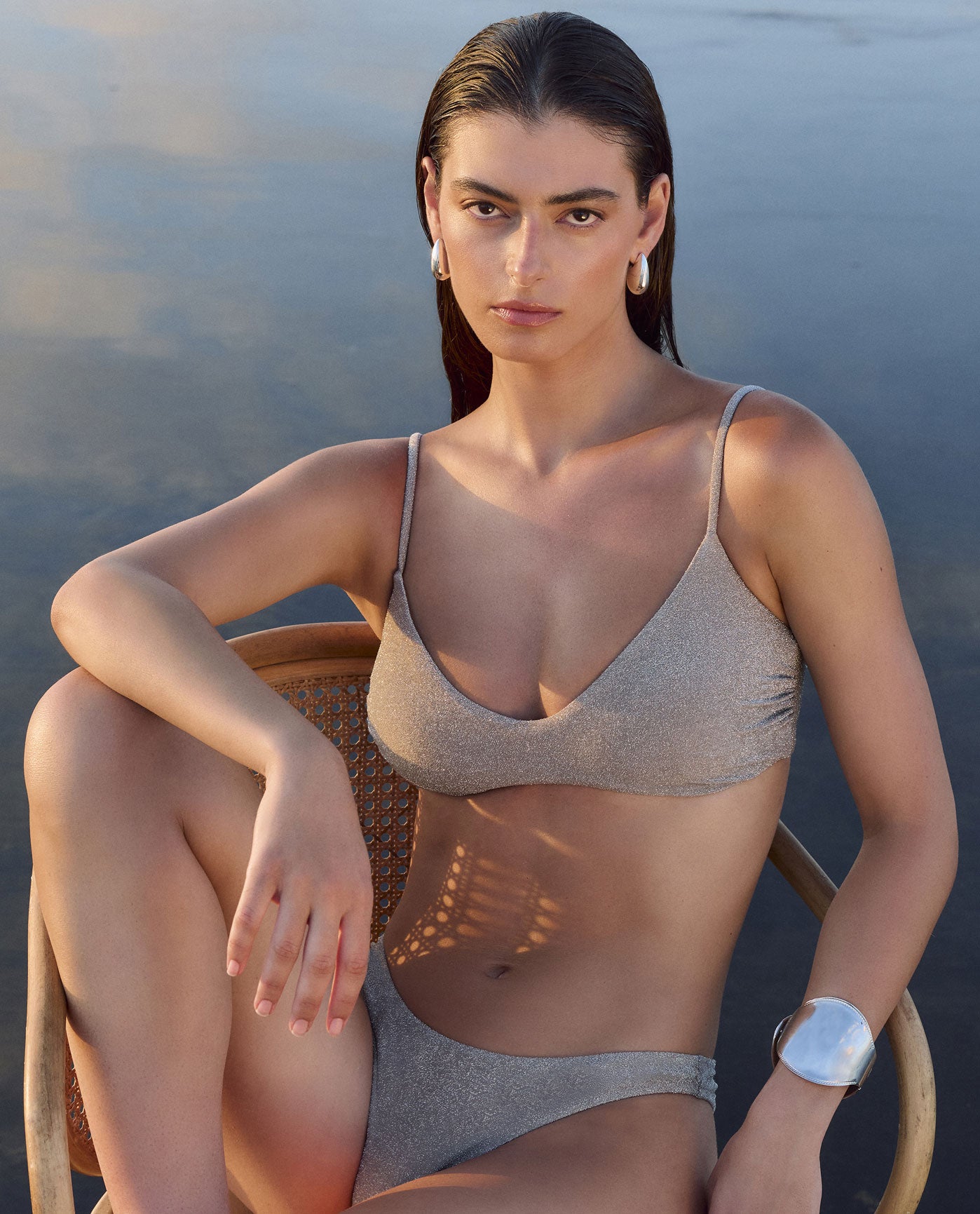 Haut de bikini Luna Shimmer à col rond - Argenté