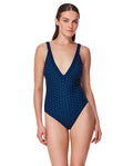 Scaled Up Deep V Knit One Piece  -Navy /turq