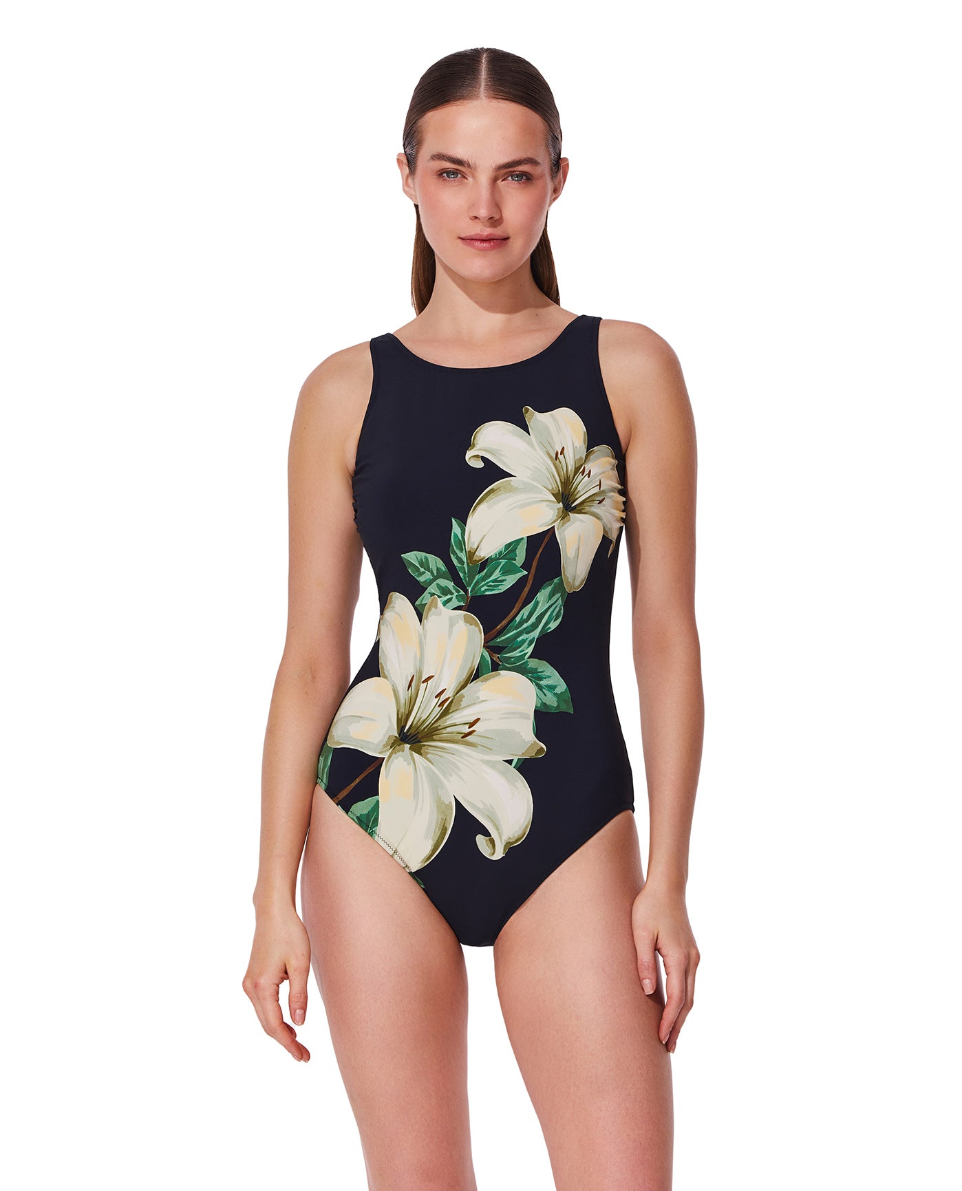 Yuri Flower Post Mastectomy High Neck One Piece -Blk/crm