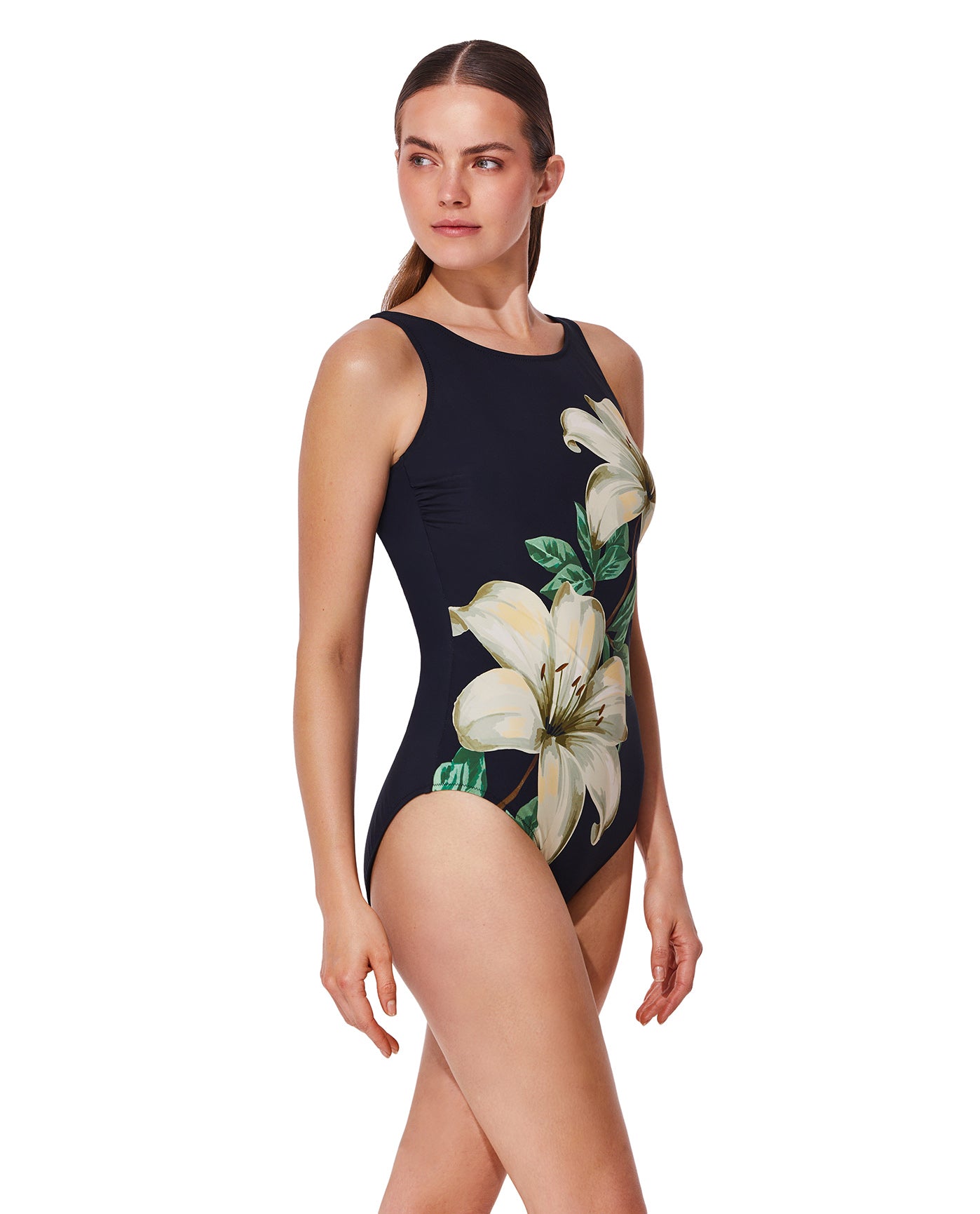 Yuri Flower Post Mastectomy High Neck One Piece -Blk/crm