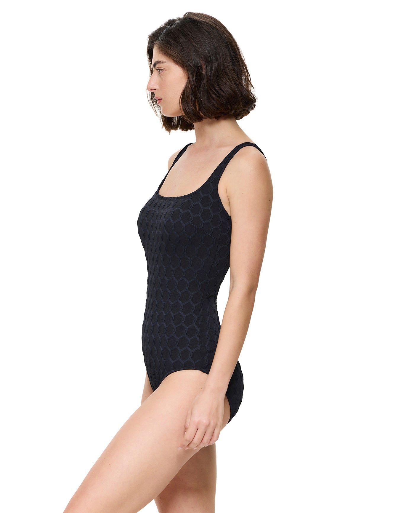 Chained Reaction Textured Square Neck One Piece -Black
