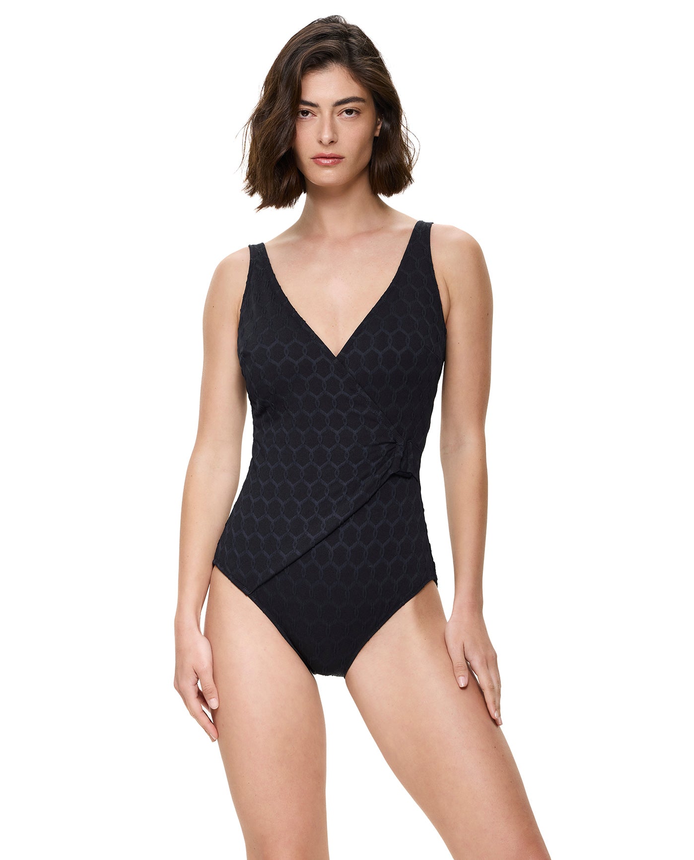 GottexChained Reaction Textured Surplice One Piece-BlackOne Pieces