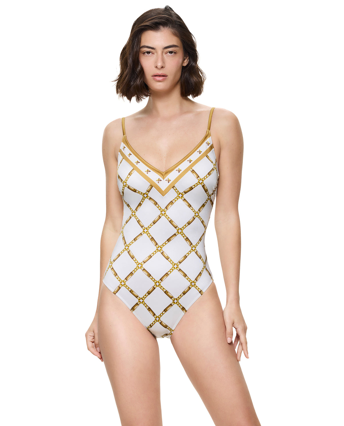 Deco Riviera V-Neck One Piece-Cream-Gold