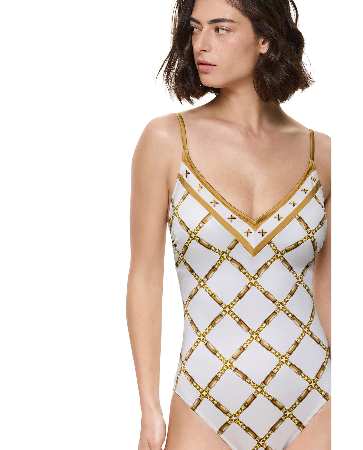 Gottex Deco Riviera V-Neck One Piece-Cream-Gold 