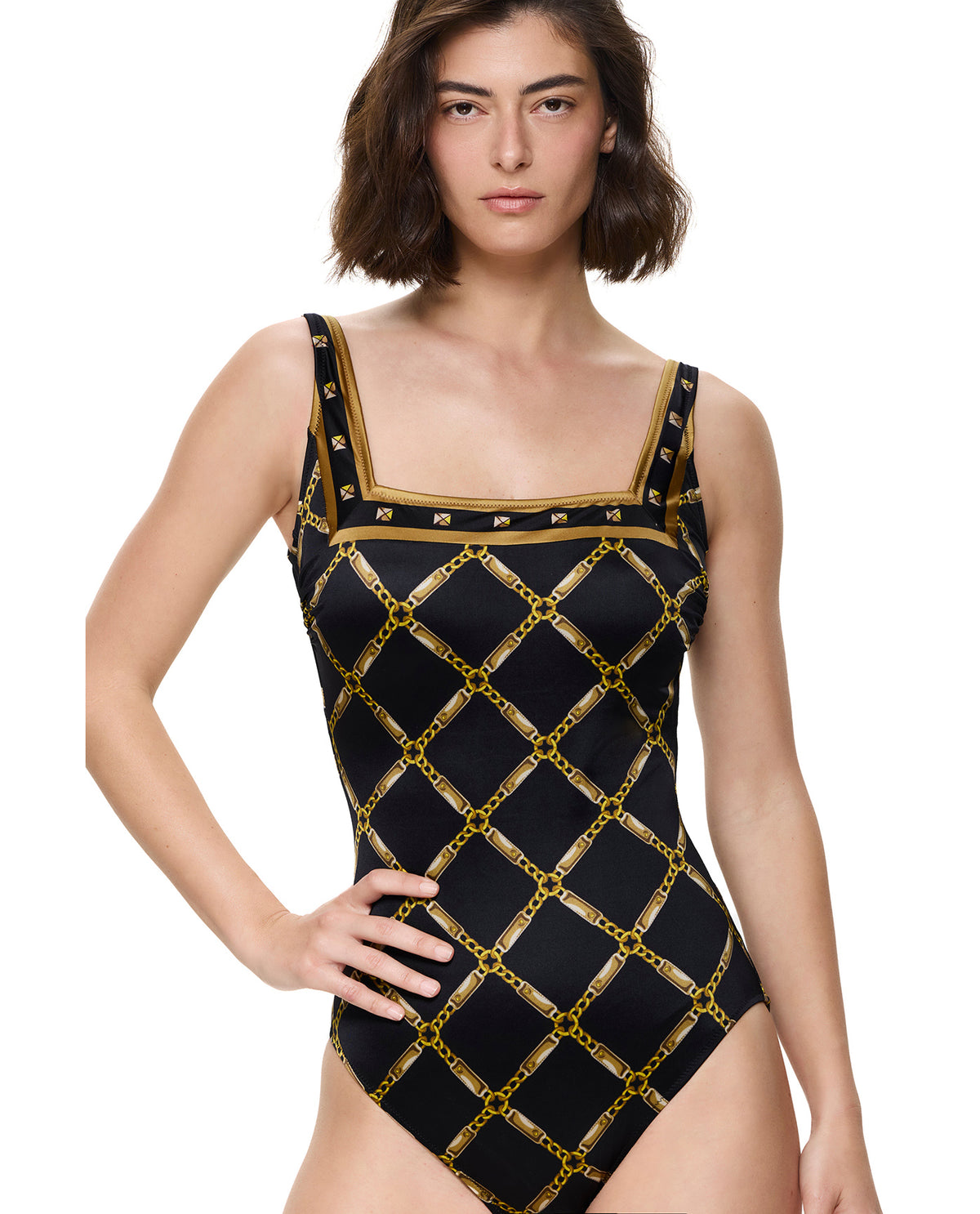Gottex Deco Riviera Square Neck One Piece-Black-Gold 