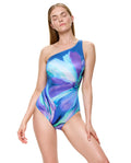 Floral Rhythm One Shoulder One Piece-Blue Multi