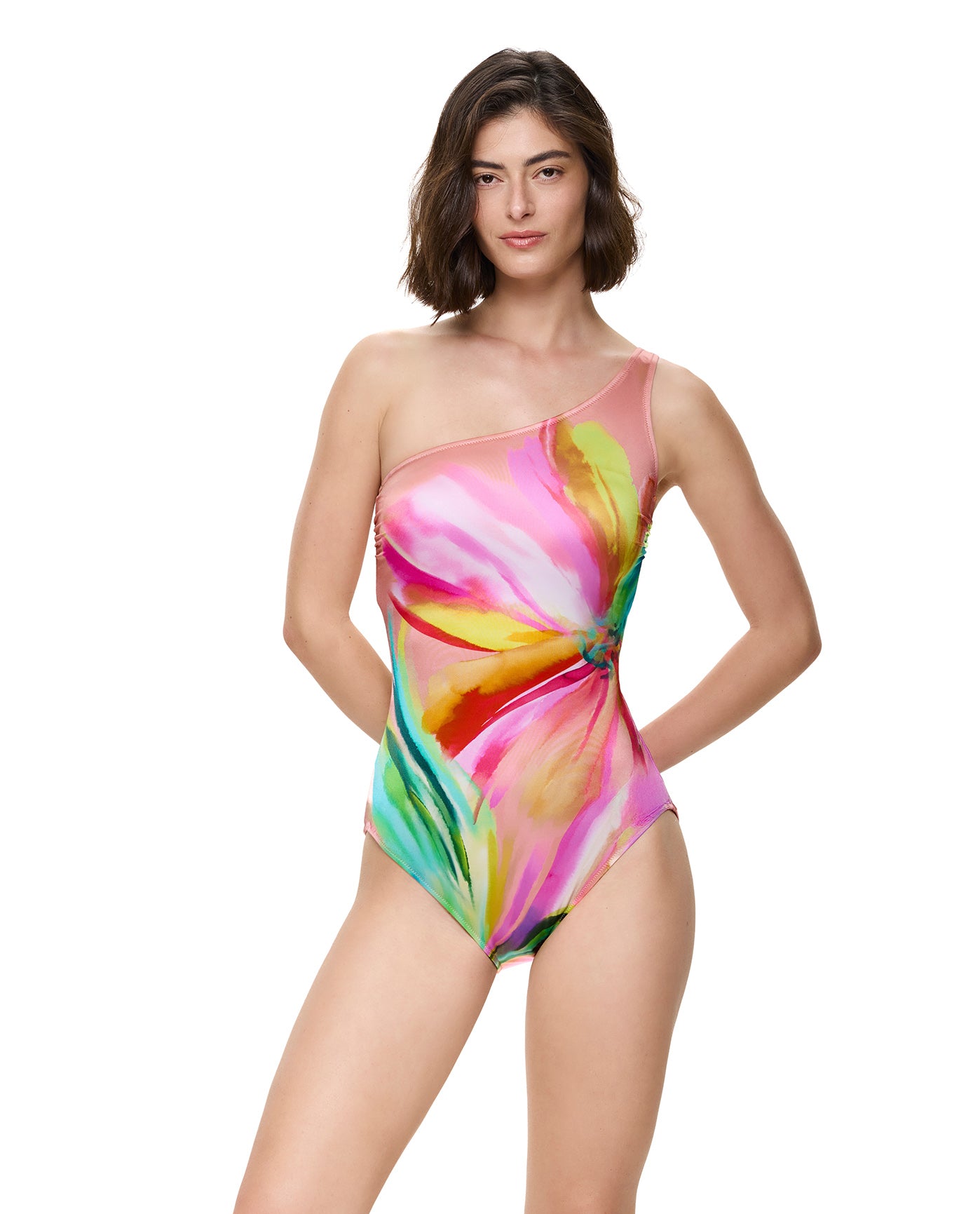 Floral Rhythm One Shoulder One Piece-Pink Multi