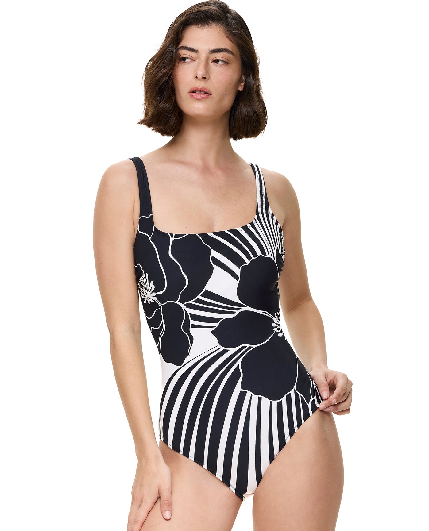 Midnight Bloom Square Neck One Piece-Black-Cream