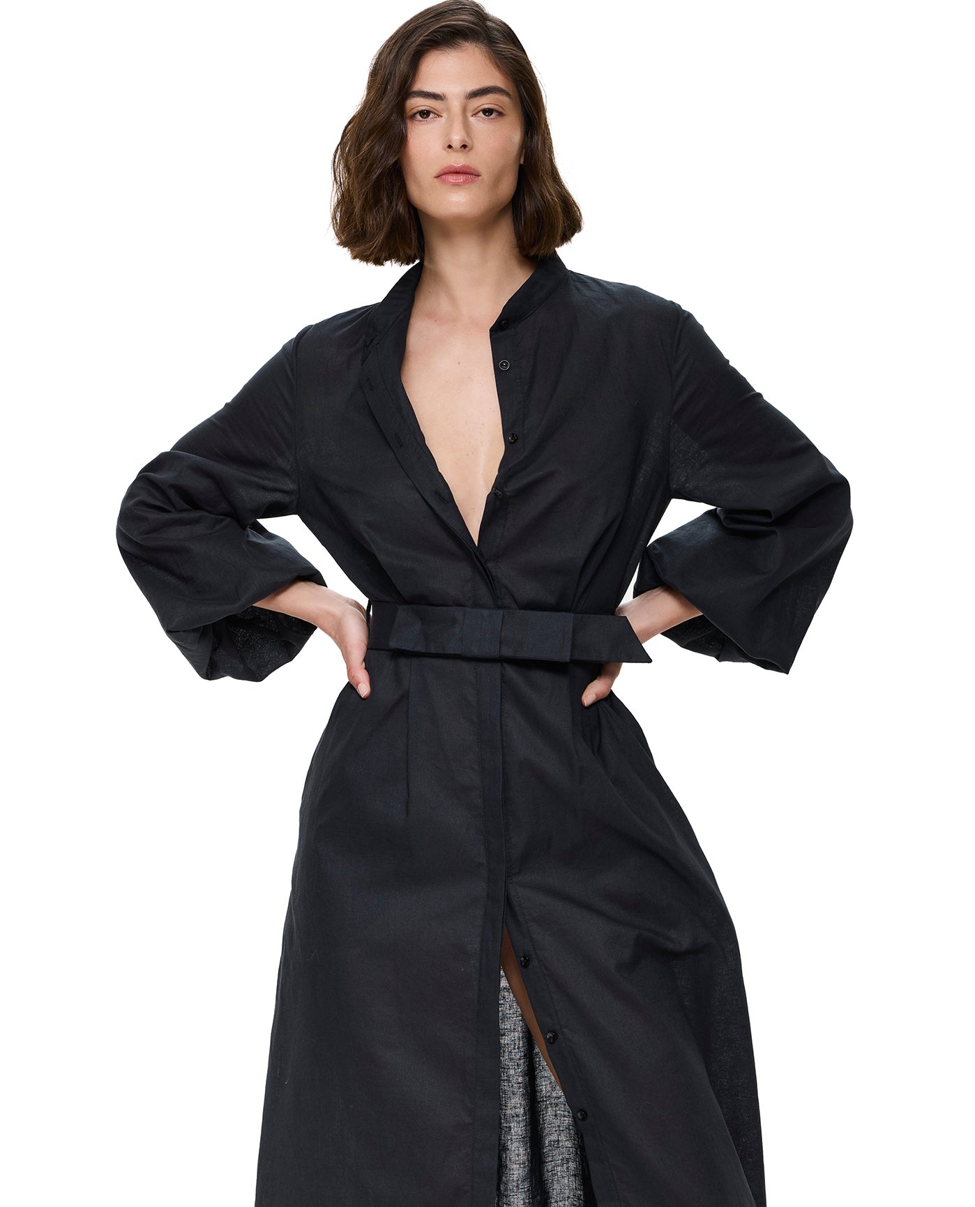Modern Muse Belted Button Up Linen Dress Cover-Up-Black