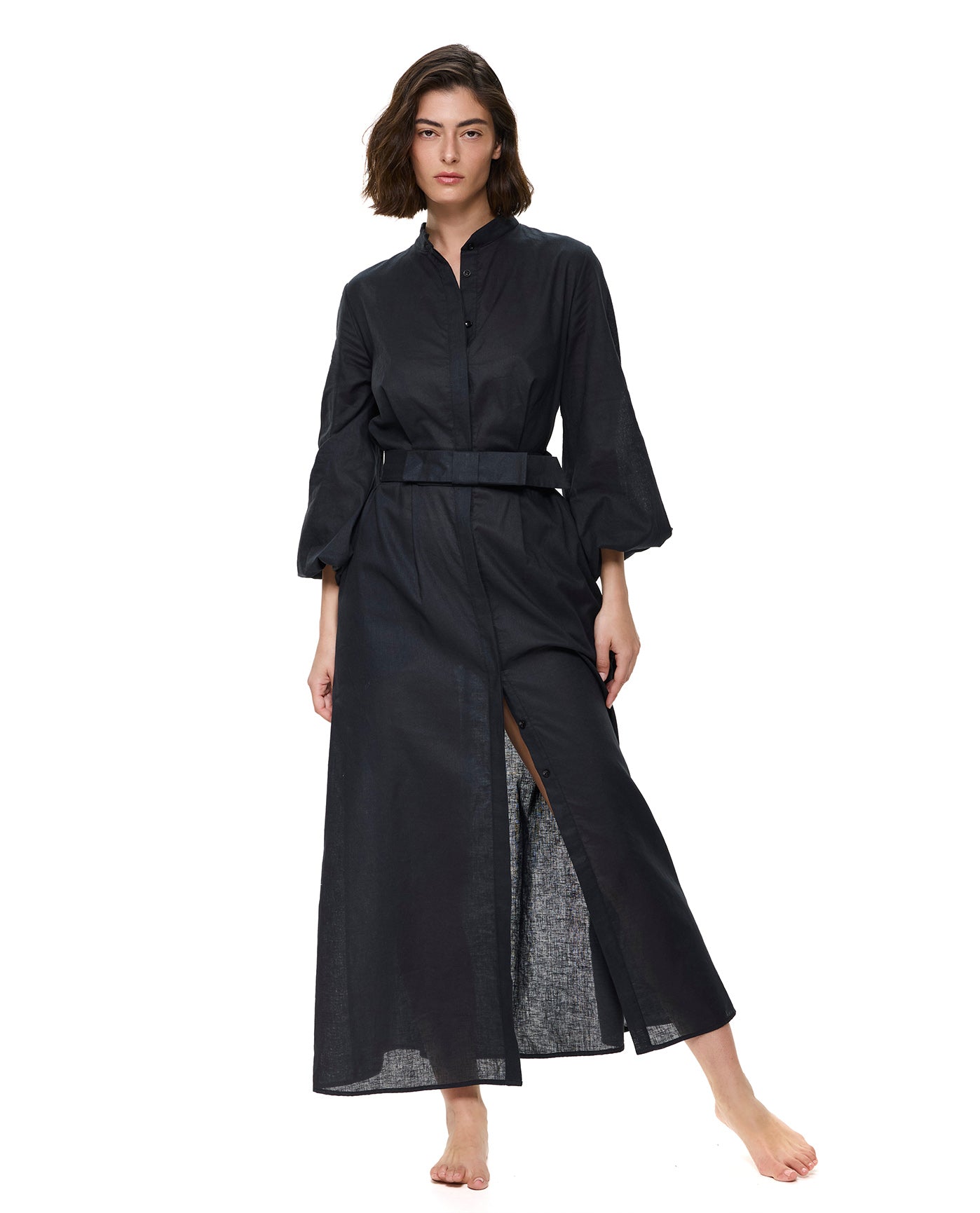 Modern Muse Belted Button Up Linen Dress Cover-Up-Black