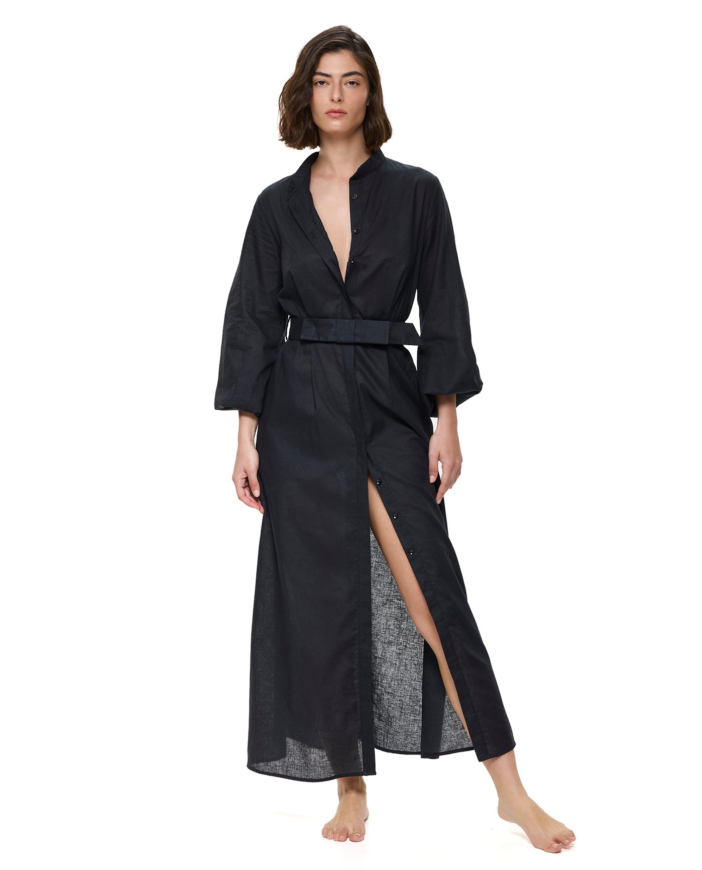 Modern Muse Belted Button Up Linen Dress Cover-Up-Black