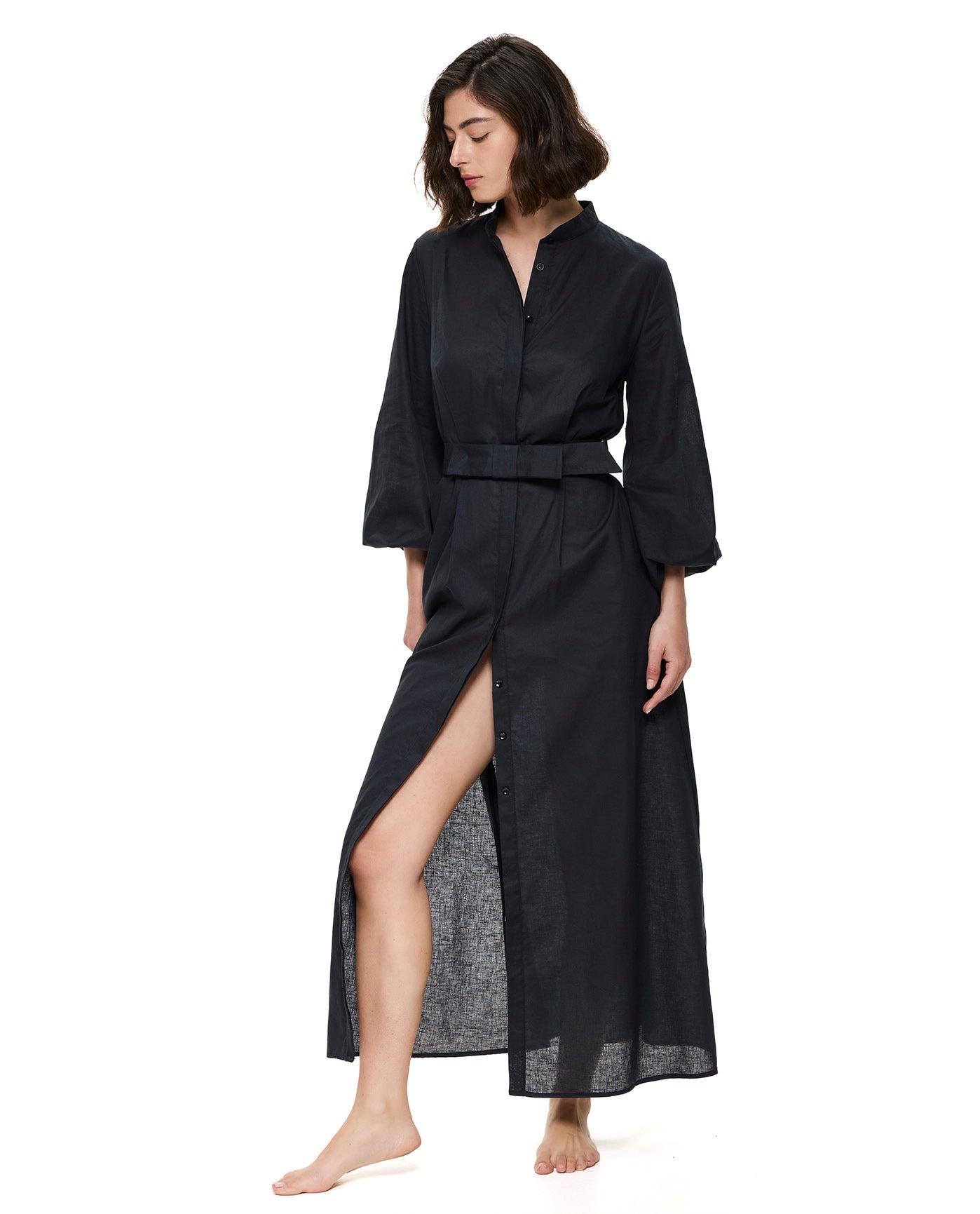 Modern Muse Belted Button Up Linen Dress Cover-Up-Black