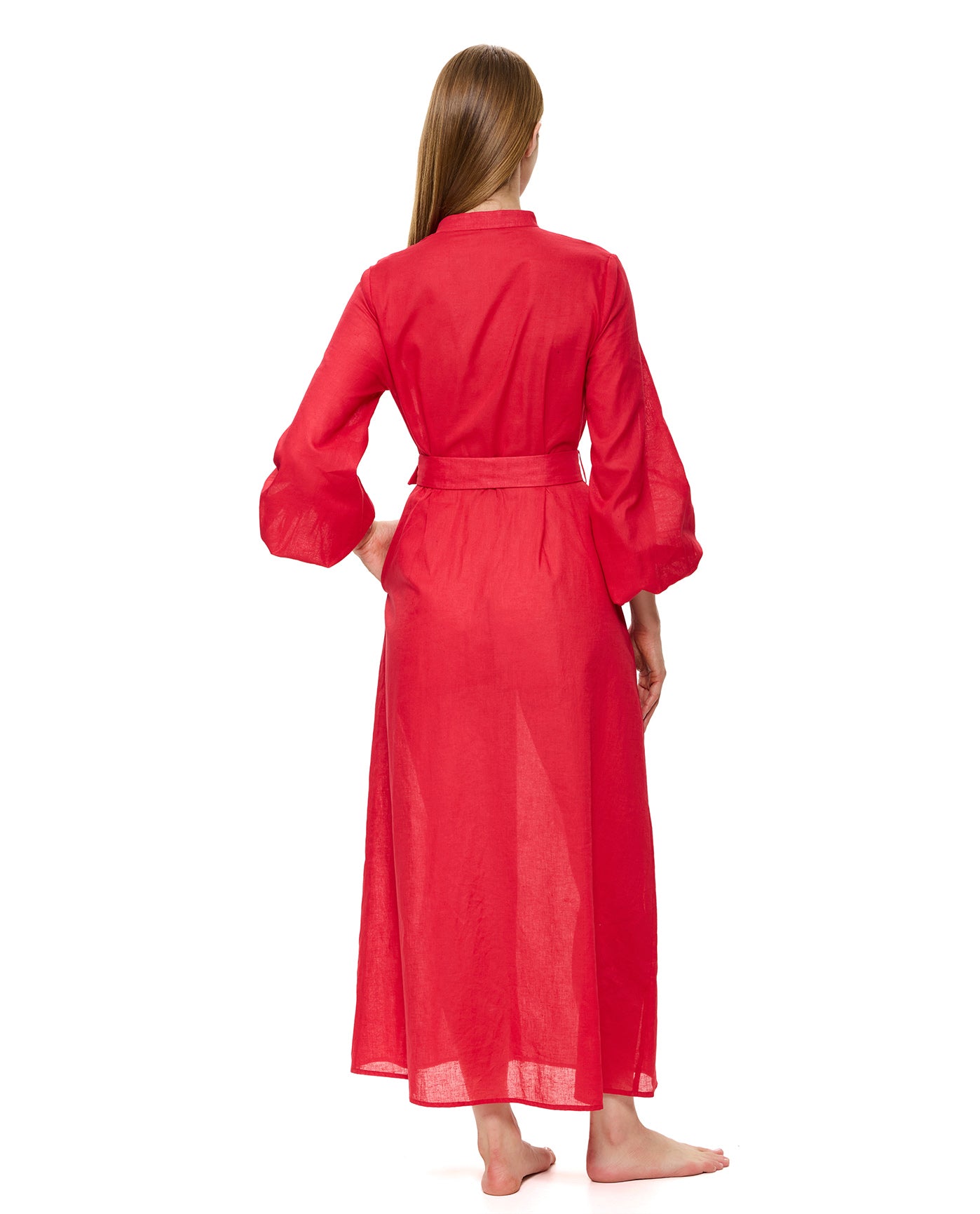 Modern Muse Belted Button Up Linen Dress Cover-Up -Red