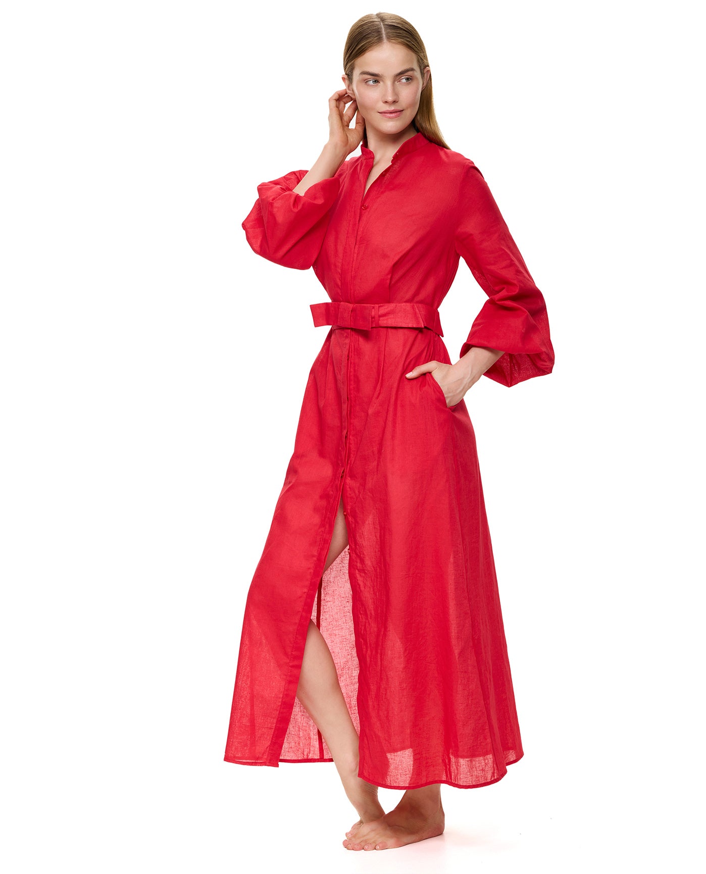 Modern Muse Belted Button Up Linen Dress Cover-Up -Red