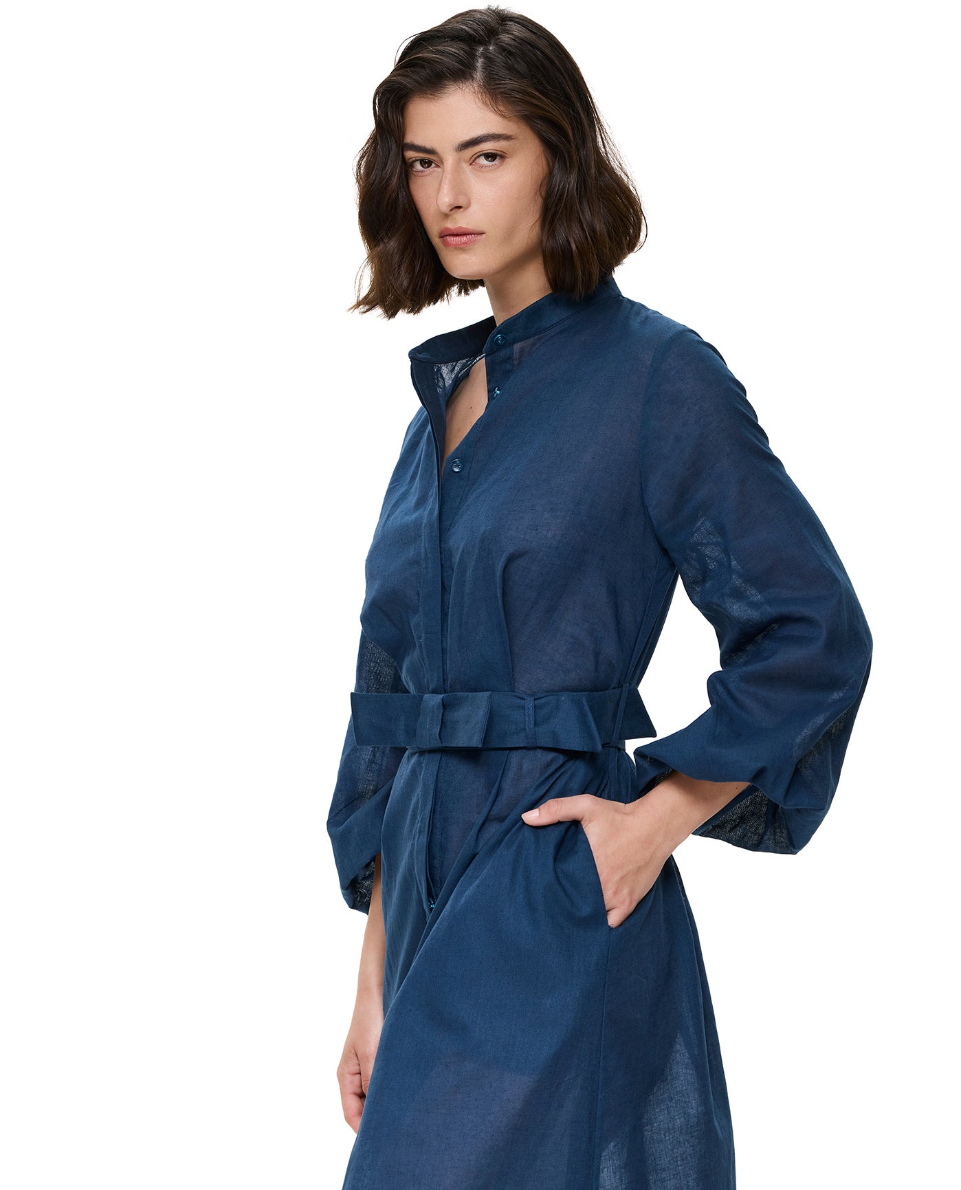 Modern Muse Belted Button Up Linen Dress Cover-Up -Dark azure