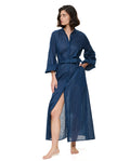 Modern Muse Belted Button Up Linen Dress Cover-Up -Dark Azure
