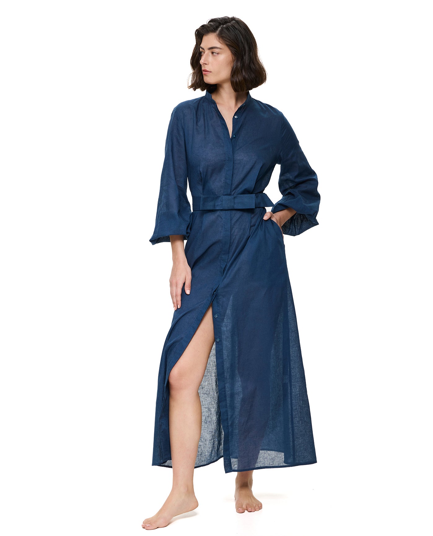 Modern Muse Belted Button Up Linen Dress Cover-Up -Dark azure