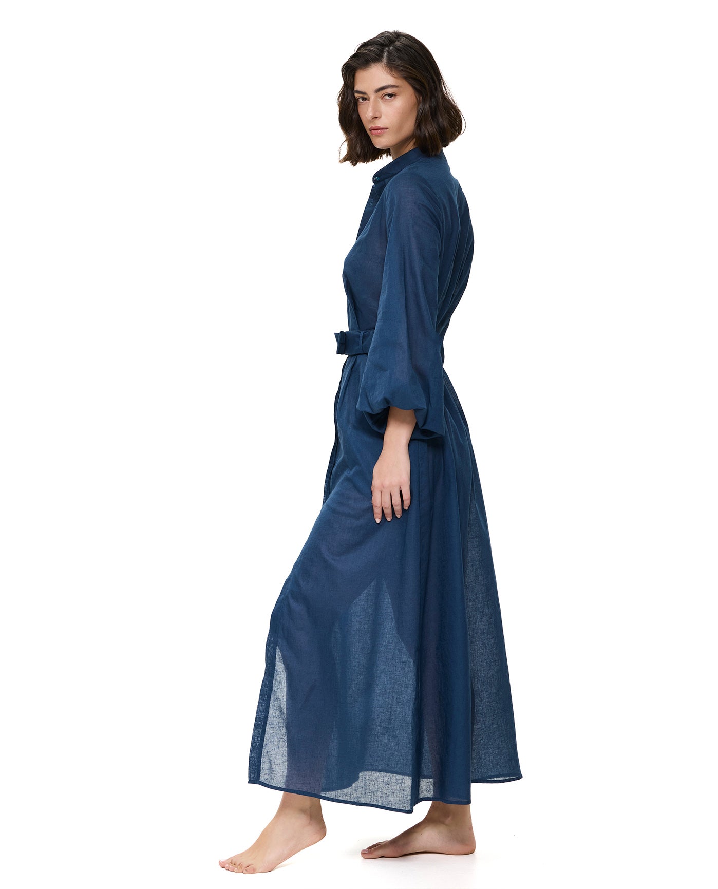 Modern Muse Belted Button Up Linen Dress Cover-Up -Dark azure