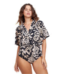 V-Neck Wide Sleeve One Piece Swimsuit/brn