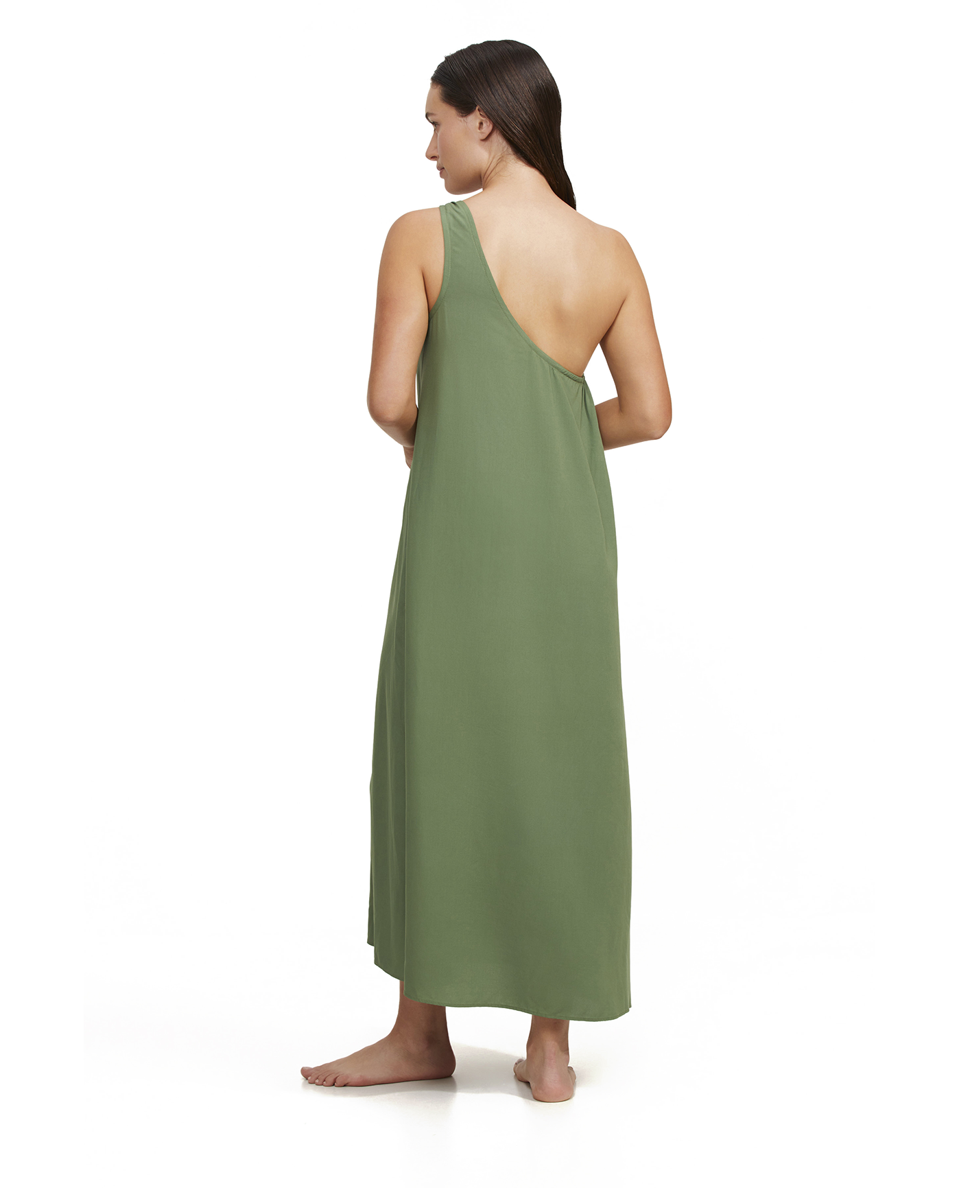 Back View Of Luma One Shoulder Sarong Style Maxi Dress Cover Up | luma-olive