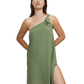 Front View Of Luma One Shoulder Sarong Style Maxi Dress Cover Up | luma-olive