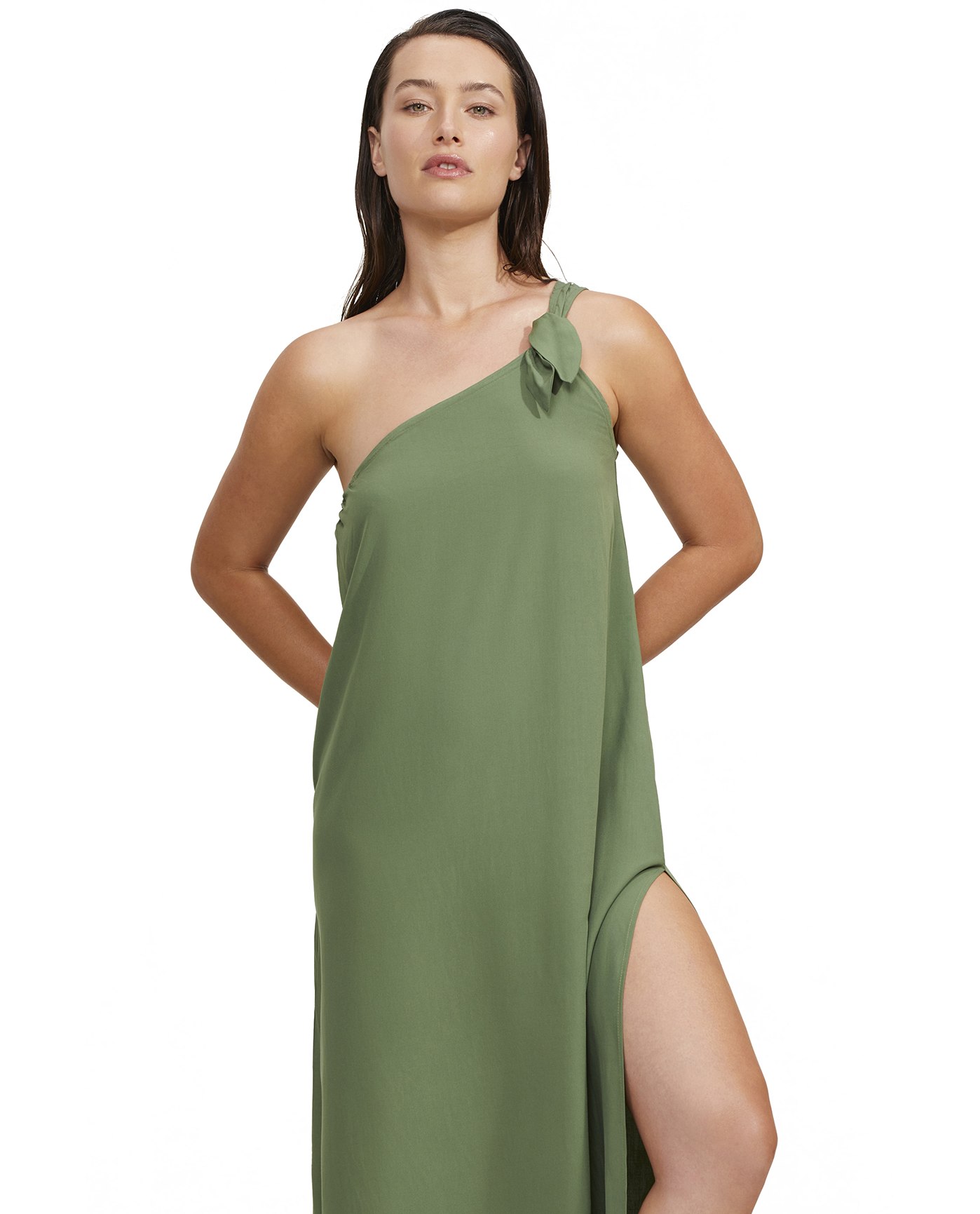 Front View Of Luma One Shoulder Sarong Style Maxi Dress Cover Up | luma-olive