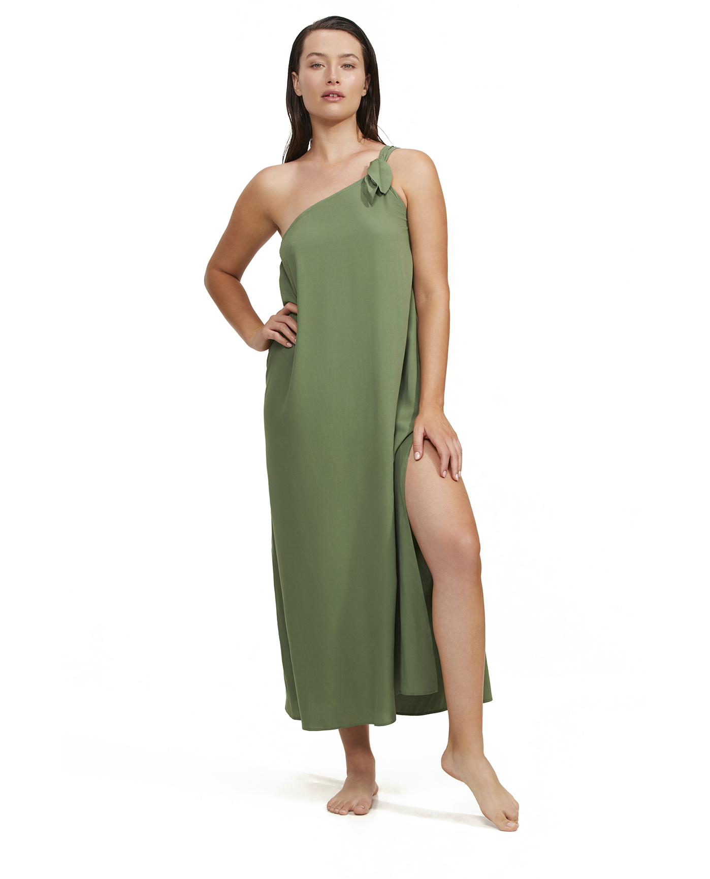 Front View Of Luma One Shoulder Sarong Style Maxi Dress Cover Up | luma-olive