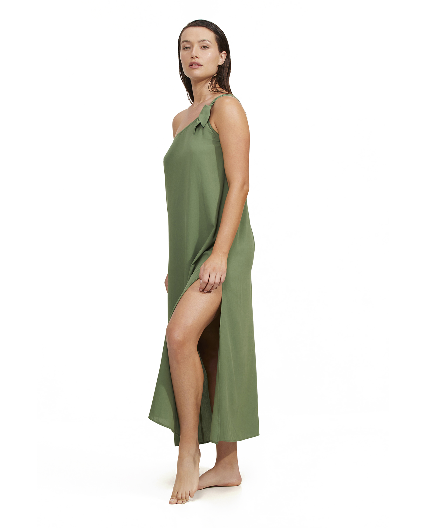 Side View Of Luma One Shoulder Sarong Style Maxi Dress Cover Up | luma-olive