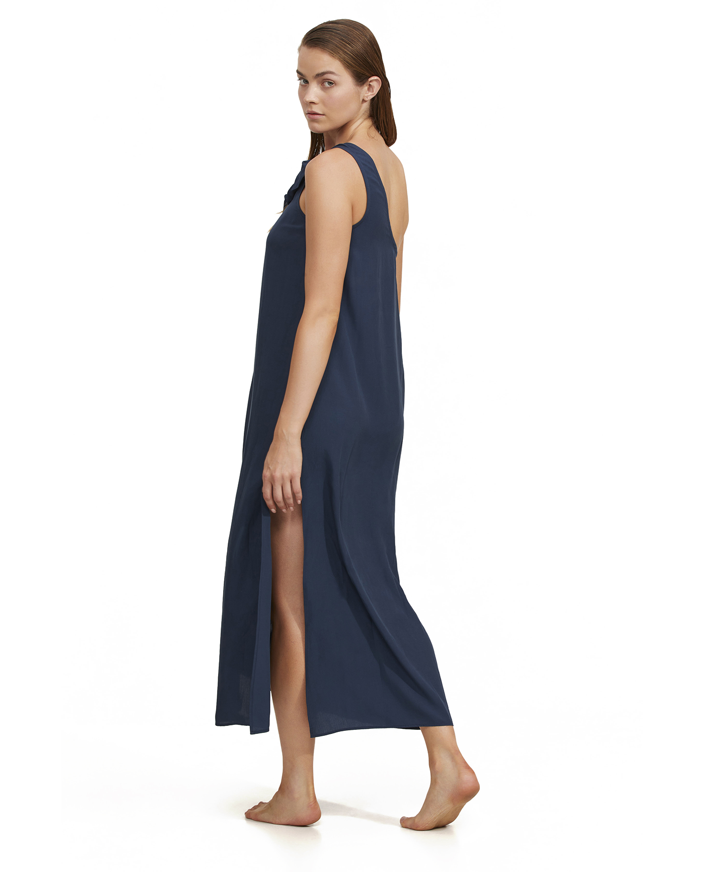 Back View Of Luma One Shoulder Sarong Style Maxi Dress Cover Up | Midnight-Blue