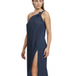 Front View Of Luma One Shoulder Sarong Style Maxi Dress Cover Up | Midnight-Blue