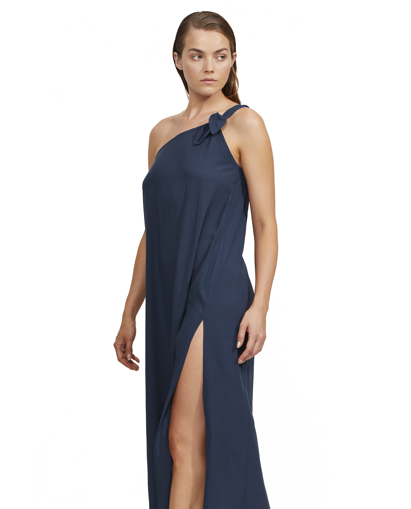 Front View Of Luma One Shoulder Sarong Style Maxi Dress Cover Up | Midnight-Blue