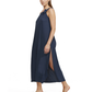 Side View Of Luma One Shoulder Sarong Style Maxi Dress Cover Up | Midnight-Blue