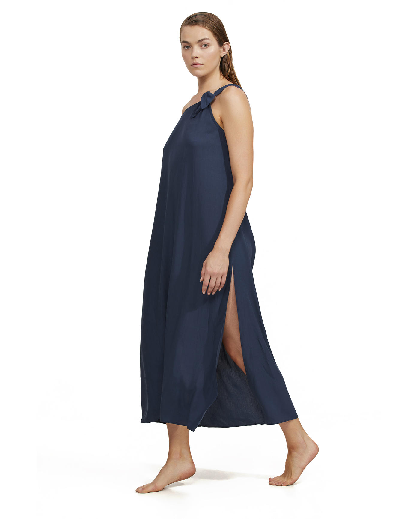 Side View Of Luma One Shoulder Sarong Style Maxi Dress Cover Up | Midnight-Blue