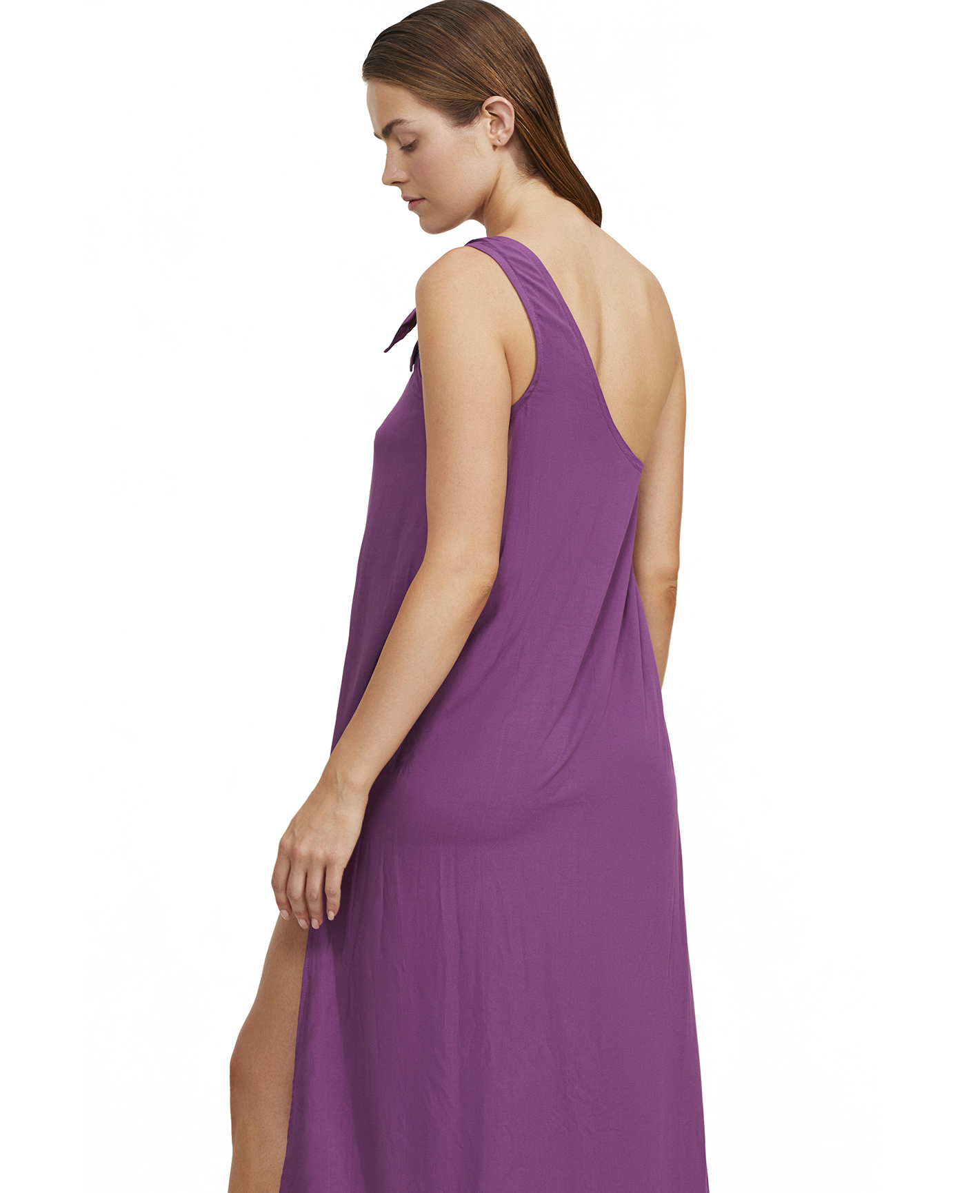 Side View Of Luma One Shoulder Sarong Style Maxi Dress Cover Up | purple