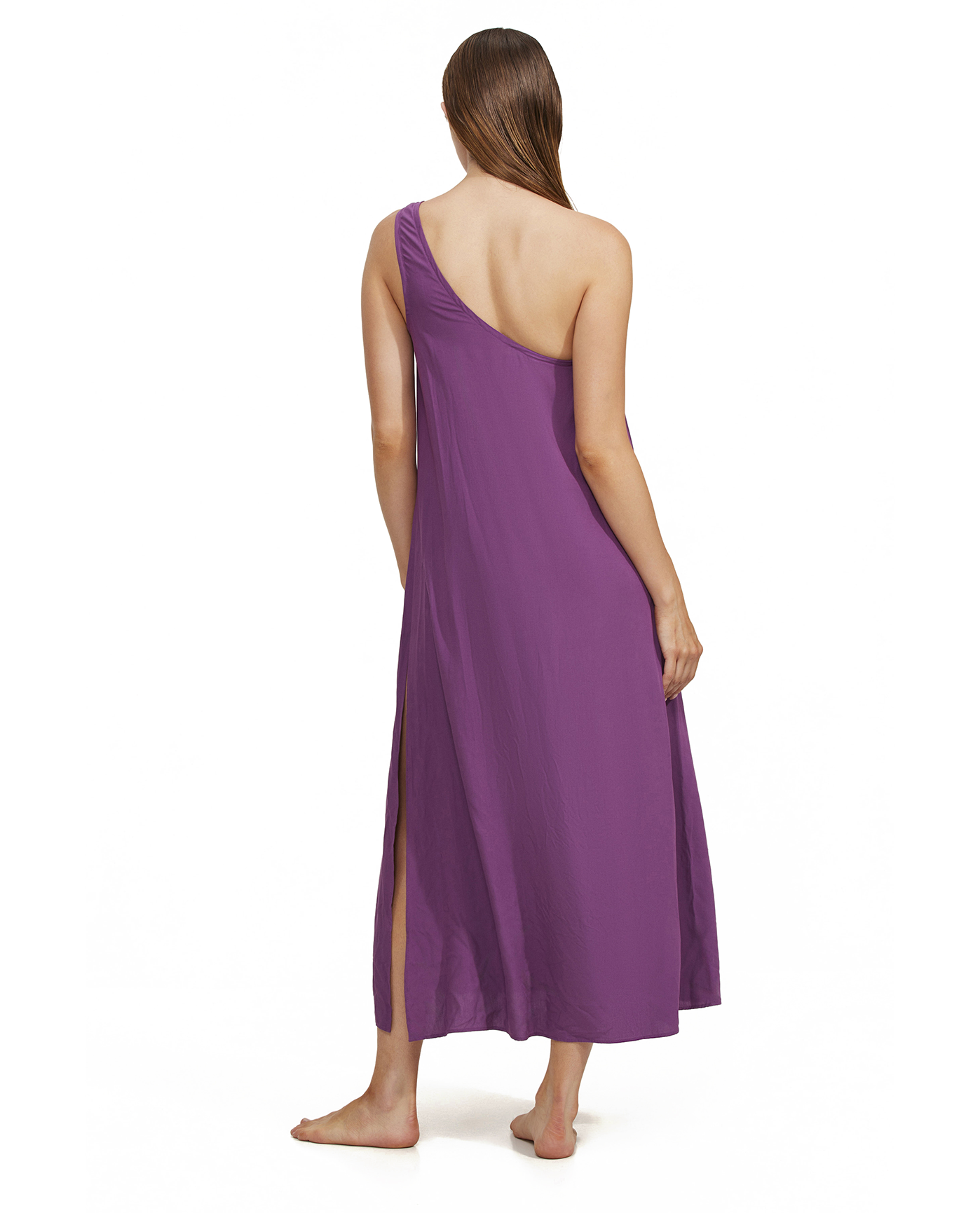 Back View Of Luma One Shoulder Sarong Style Maxi Dress Cover Up | purple