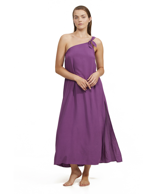 Front View Of Luma One Shoulder Sarong Style Maxi Dress Cover Up | purple