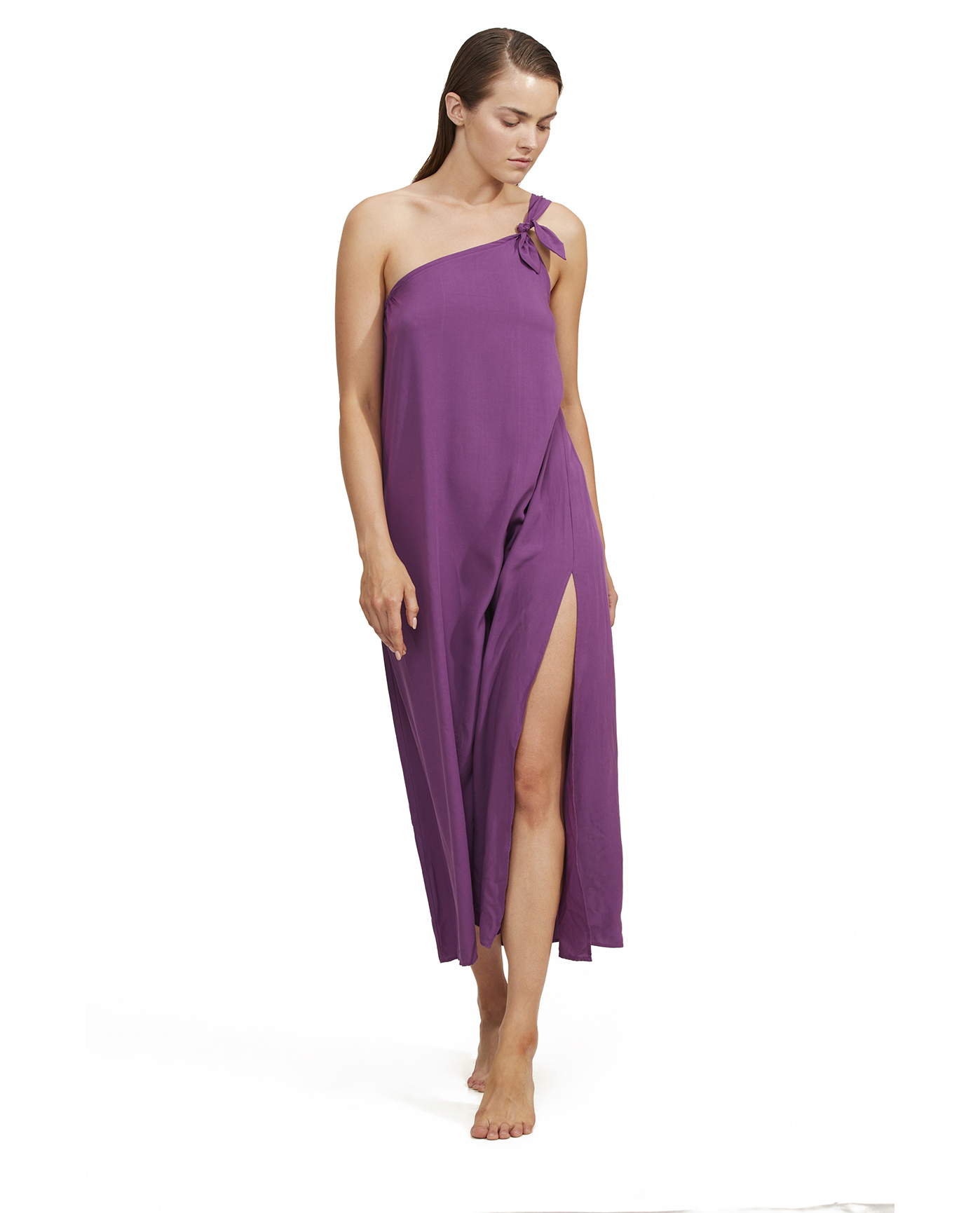 Front View Of Luma One Shoulder Sarong Style Maxi Dress Cover Up | purple
