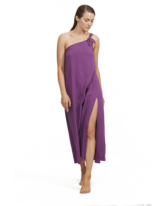 Front View Of Luma One Shoulder Sarong Style Maxi Dress Cover Up | purple